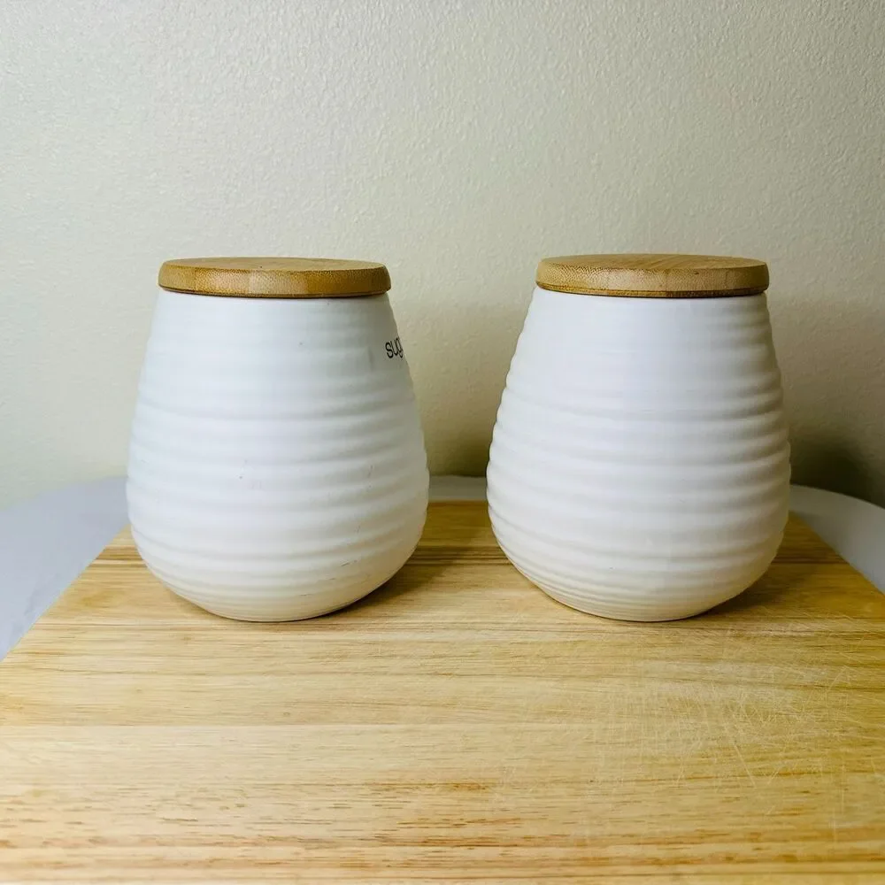 Circo Liquid Lines Ceramic Tea & Sugar Canisters with Bamboo Lids